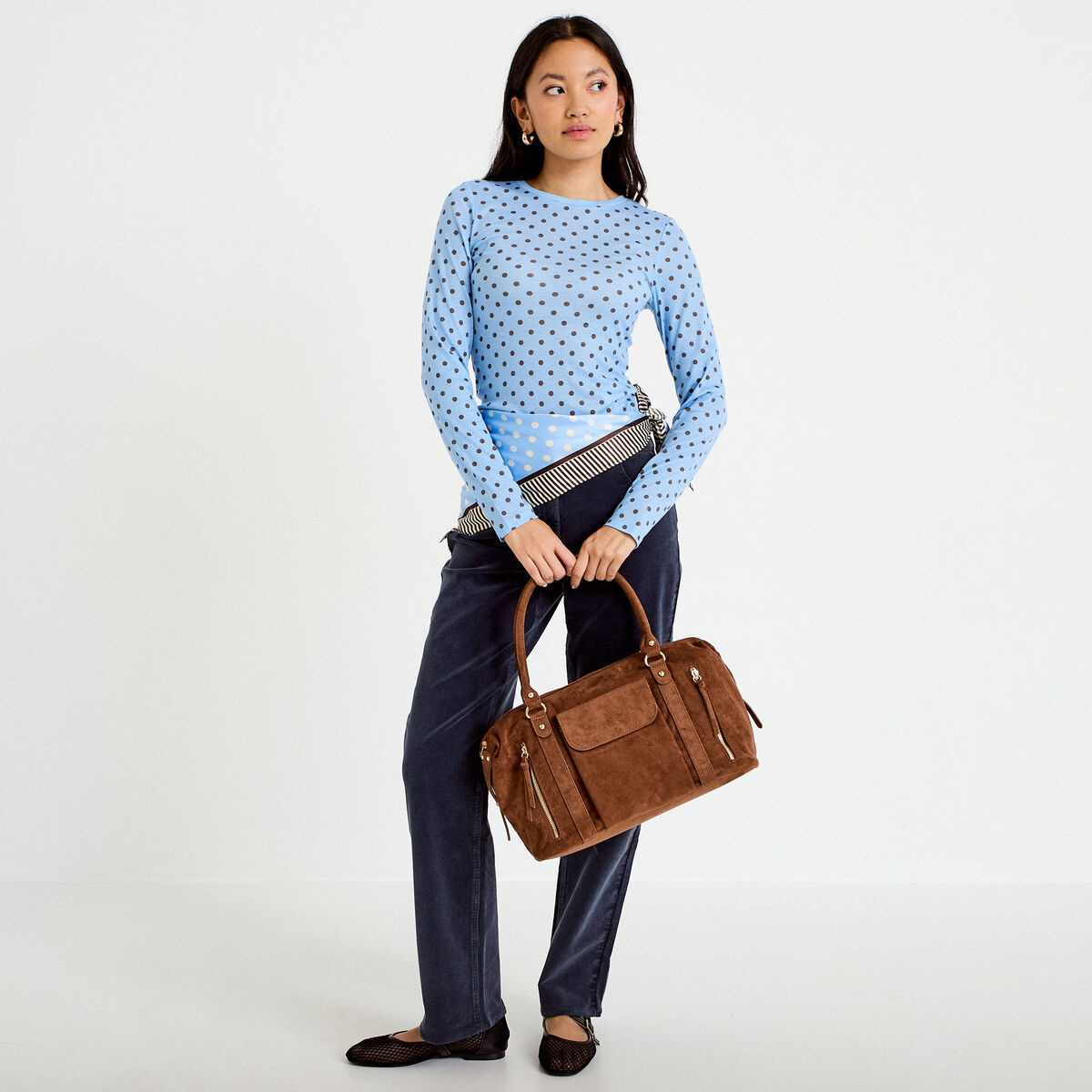 Pantalon droit en velours bleu marine femme