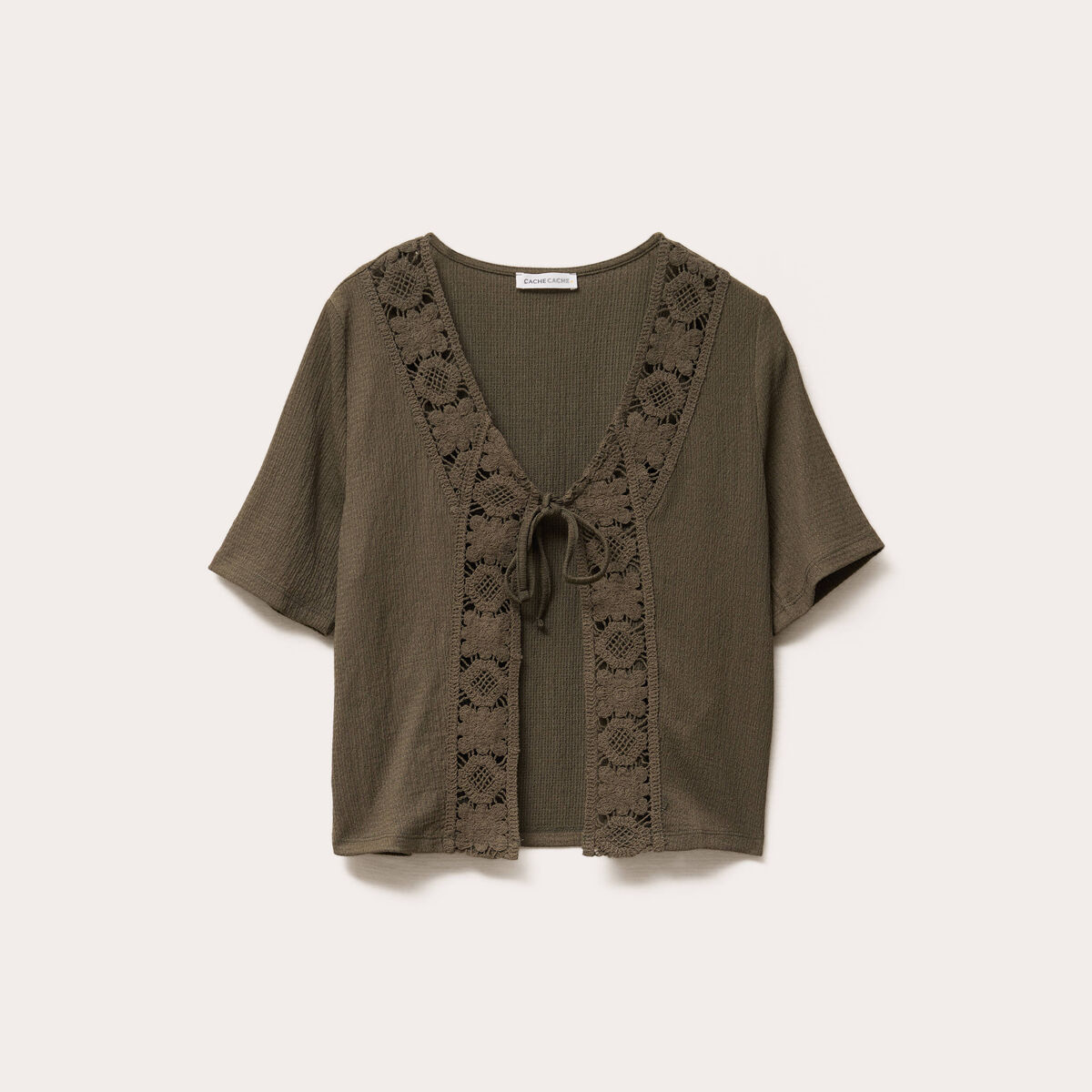 Blouse manches courtes nouée vert kaki femme
