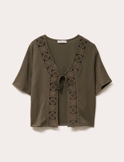 Blouse manches courtes nouée vert kaki femme