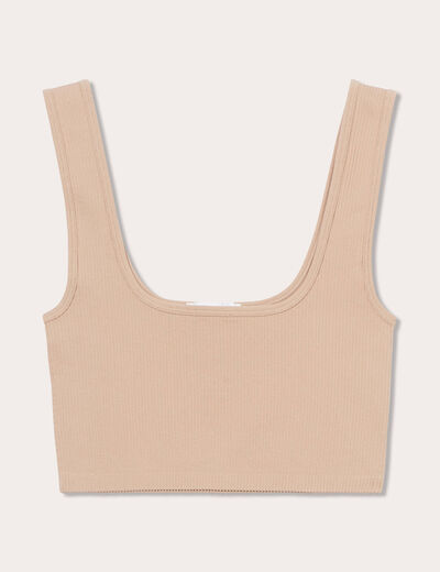 Débardeur cropped côtelé beige femme