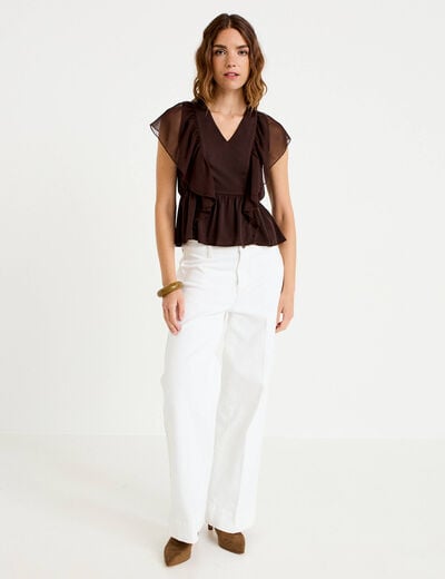 Blouse d&eacute;collet&eacute; voile manches courtes marron fonc&eacute; femme