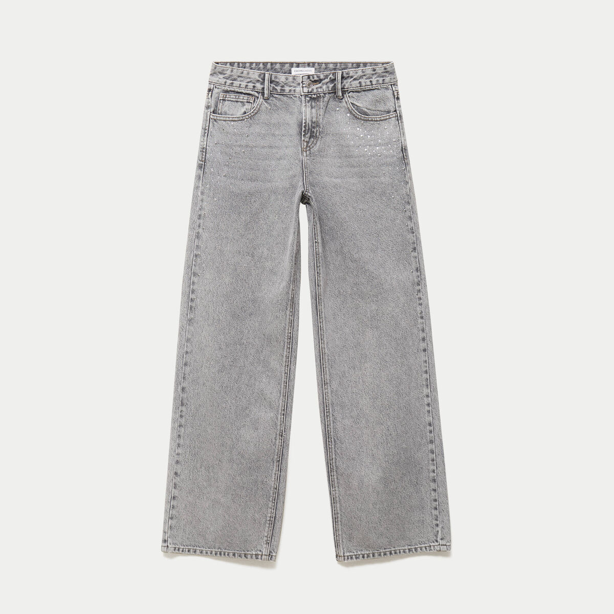 Jean wide leg taille basse strass denim gris femme