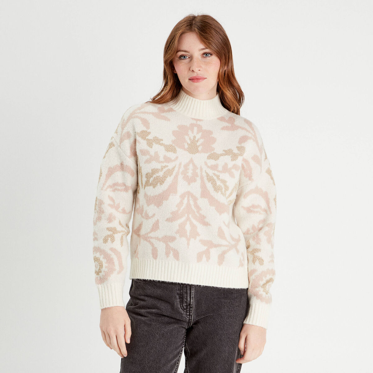 Pull col montant ecru femme