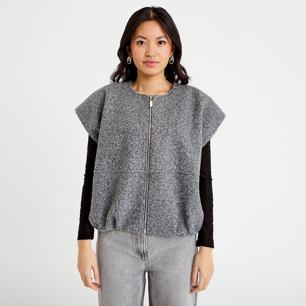 Veste oversize sans manches col rond gris clair femme