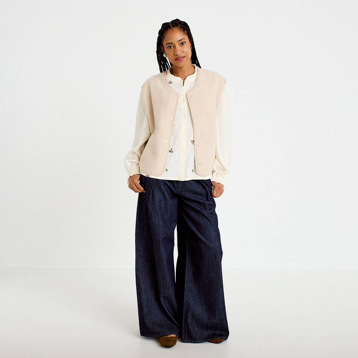 Blouse droite courte broderie ivoire femme
