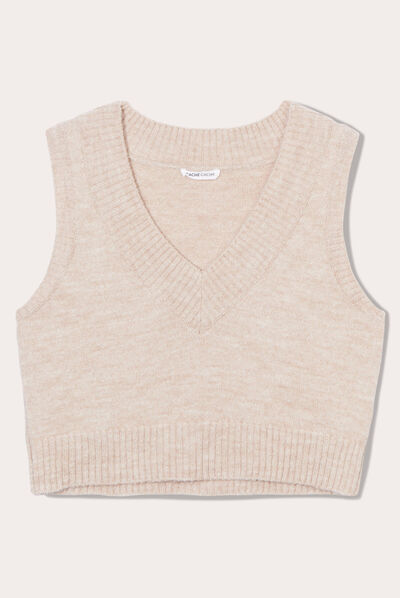 Pull sans manches col en V sable femme