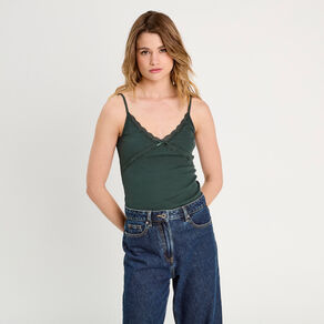 Débardeur détails dentelle vert foncé femme