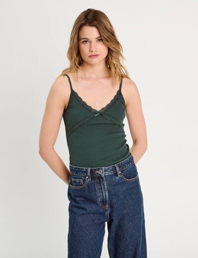 Débardeur détails dentelle vert foncé femme