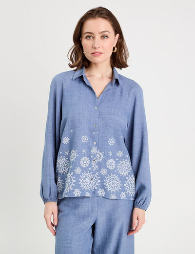 Blouse manches longues brodée bleu femme