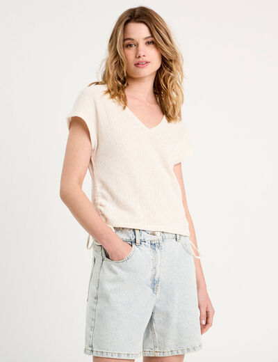 T-shirt ajouré détails cordons ecru femme