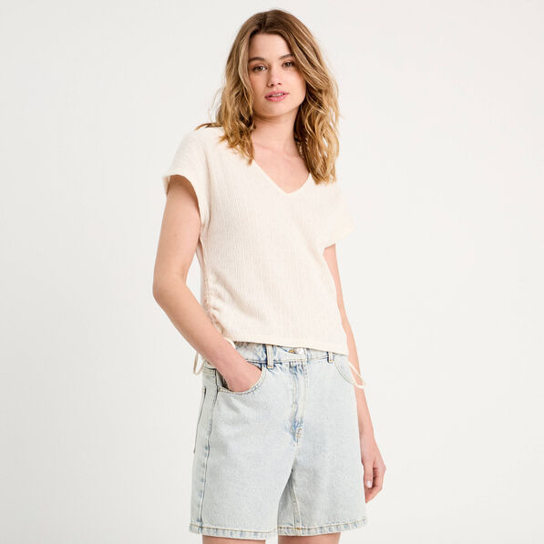 T-shirt ajouré détails cordons ecru femme