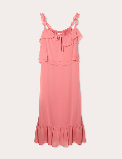 Robe longue droite volants rose pastel femme