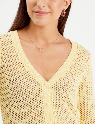 Gilet manches longues ajouré jaune moutarde femme