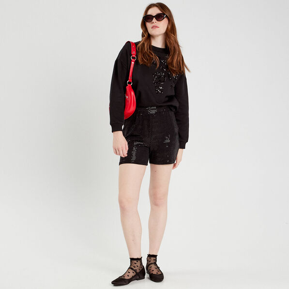 Short ajusté avec sequins noir femme
