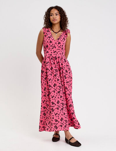 Robe longue évasée col v sans manches rose femme