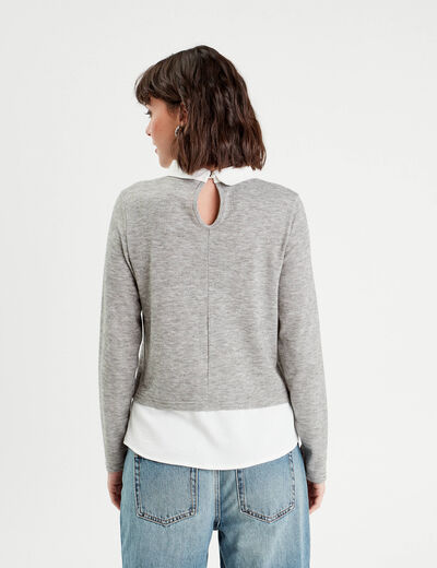Pull col chemise bijoux gris clair femme