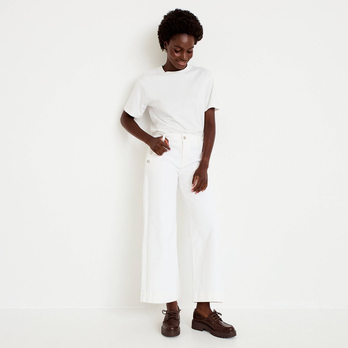 Jean wide leg cropped taille haute denim blanc femme