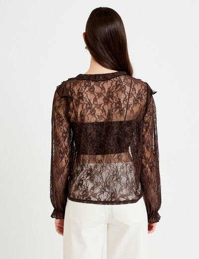 Blouse dentelle manches longues marron fonc&eacute; femme