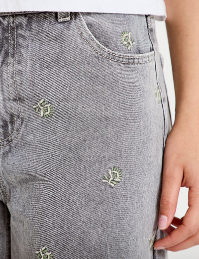Jean wide leg broderie taille haute denim gris femme