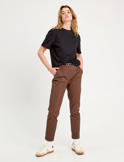 Pantalon cigarette ceintur&eacute; marron fonc&eacute; femme