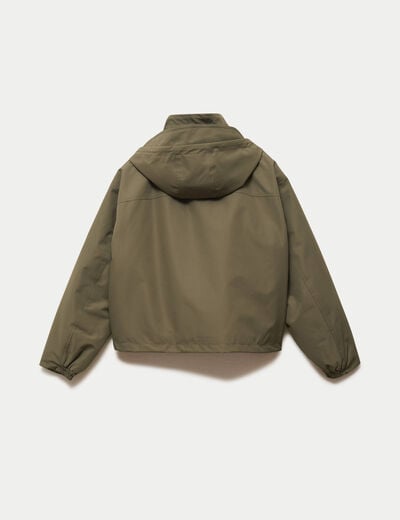 Veste courte bas resserr&eacute; &agrave; capuche vert kaki femme