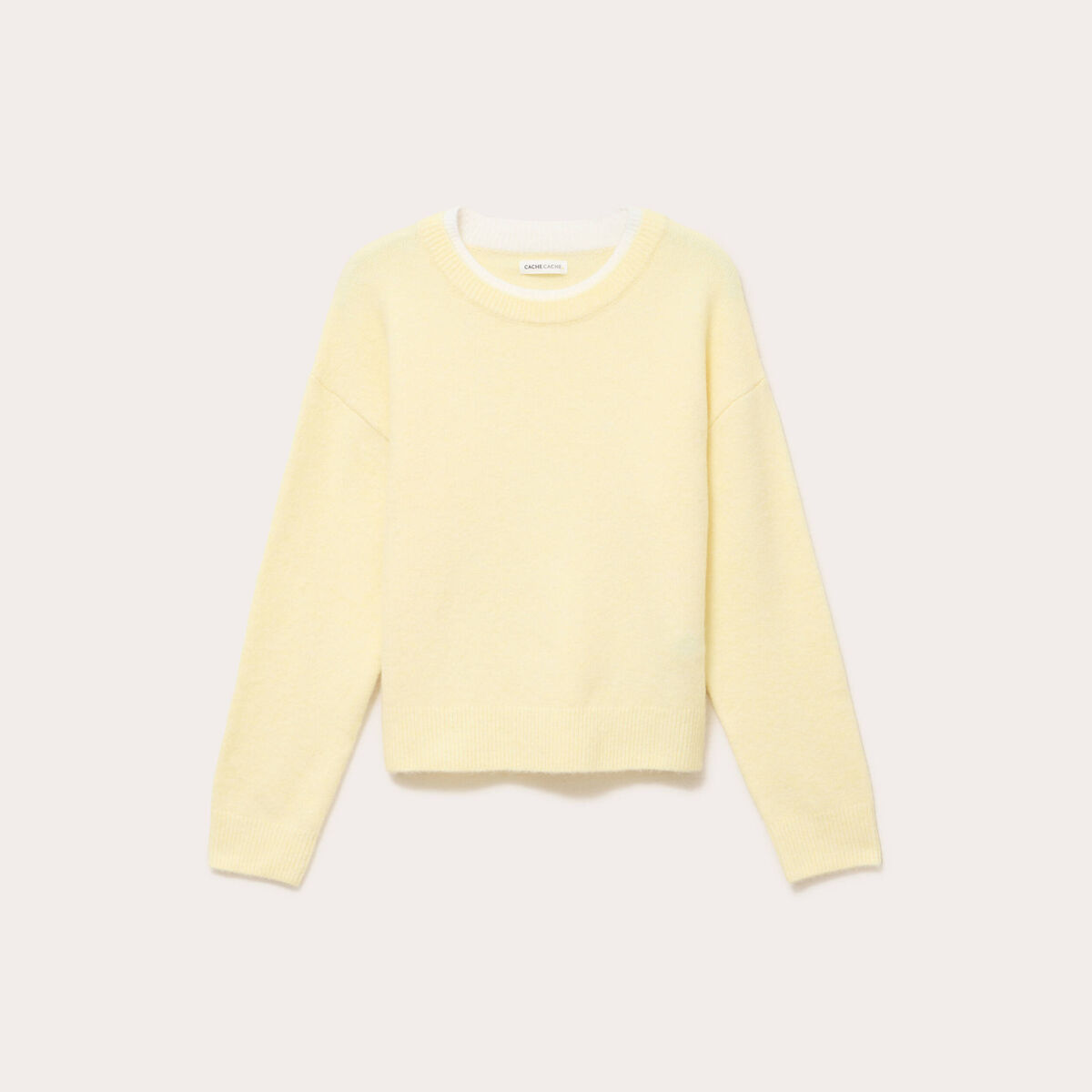 Pull col rond manches longues jaune clair femme