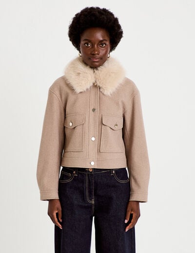 Veste droite cropped col tailleur taupe femme