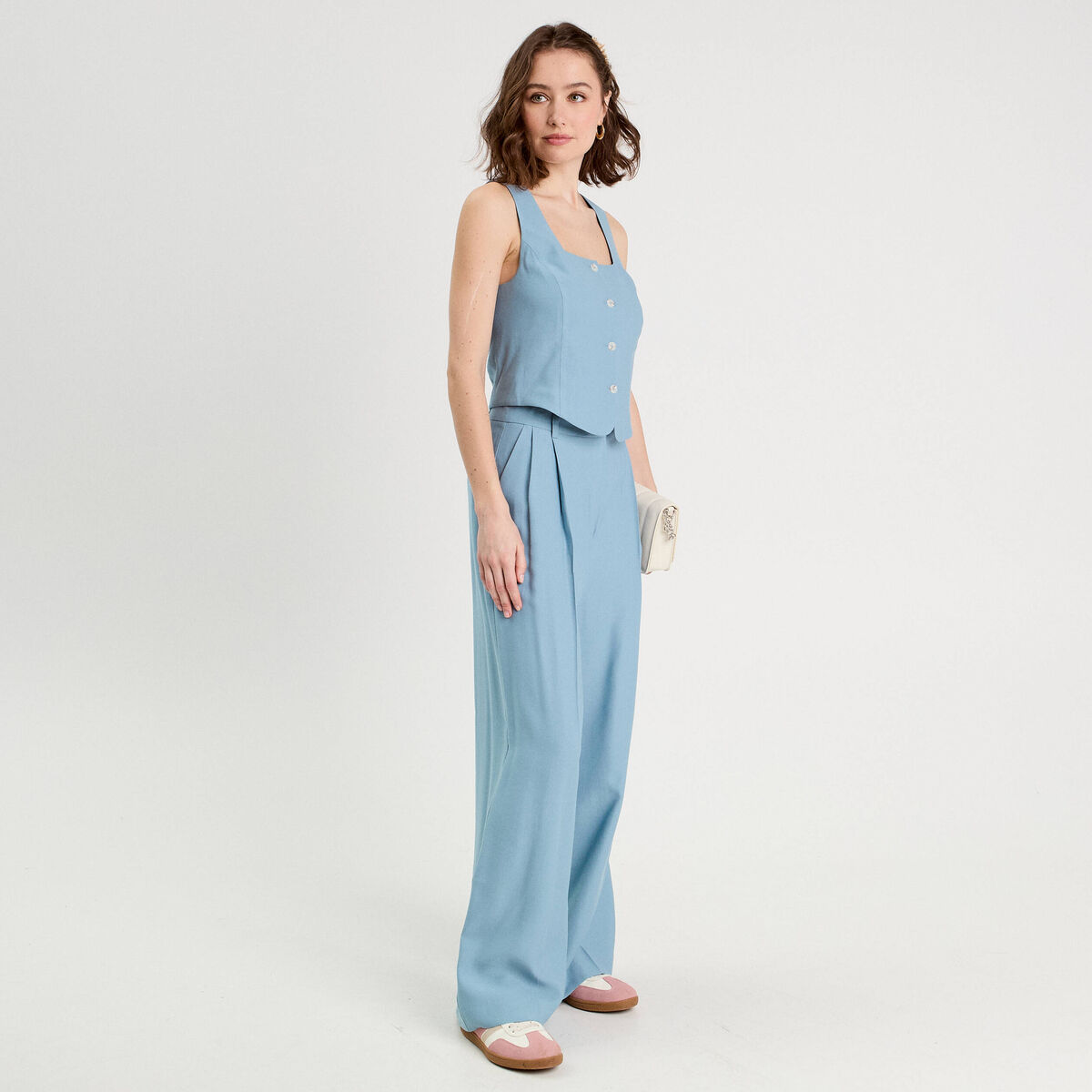 Pantalon large avec pinces bleu gris femme