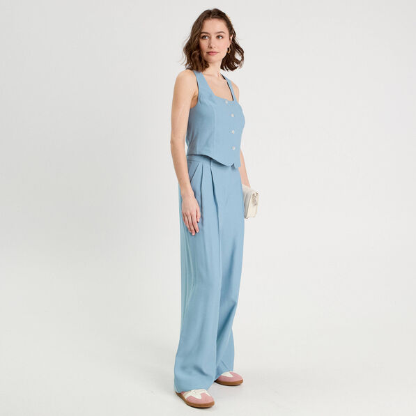 pantalon large avec pinces bleu gris femme Pantalon large avec pinces bleu gris femme