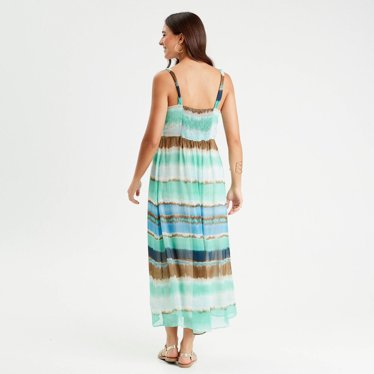 Robe longue évasée bretelles bleu femme