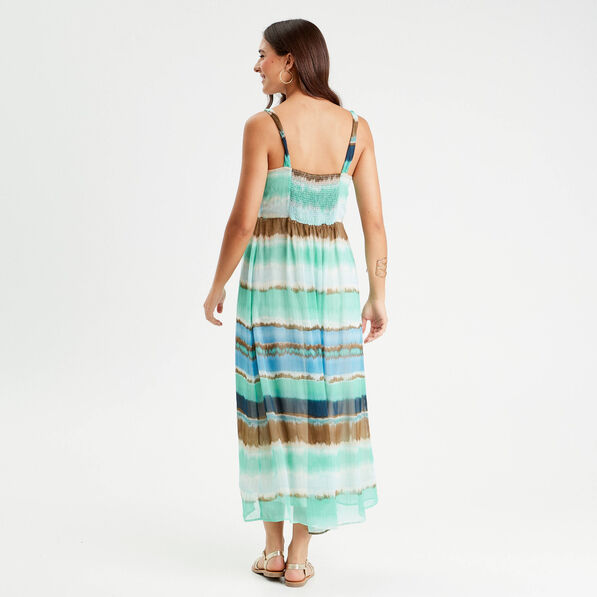 Robe longue évasée bretelles bleu femme
