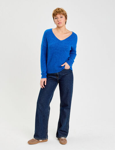 Pull avec col en V bleu electrique femme