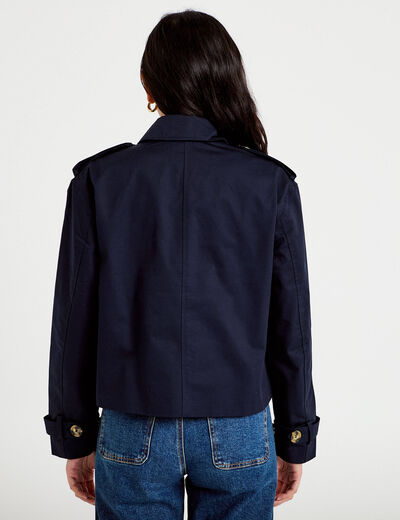 Trench droit court col tailleur bleu marine femme