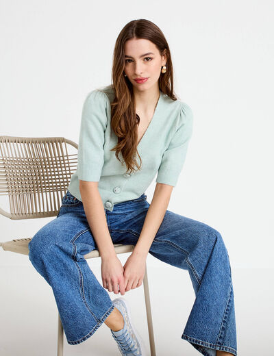 Pull manches courtes boutons brod&eacute;s vert pastel femme