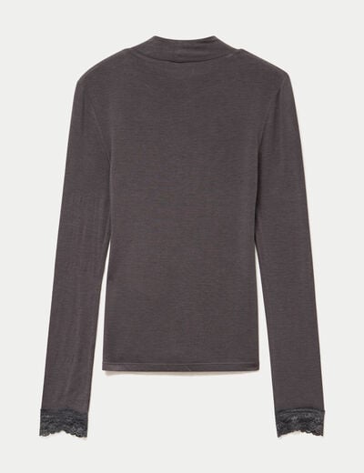 T-shirt ajust&eacute; col roul&eacute; dentelle gris fonc&eacute; femme