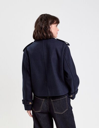 Trench droit court col tailleur bleu marine femme