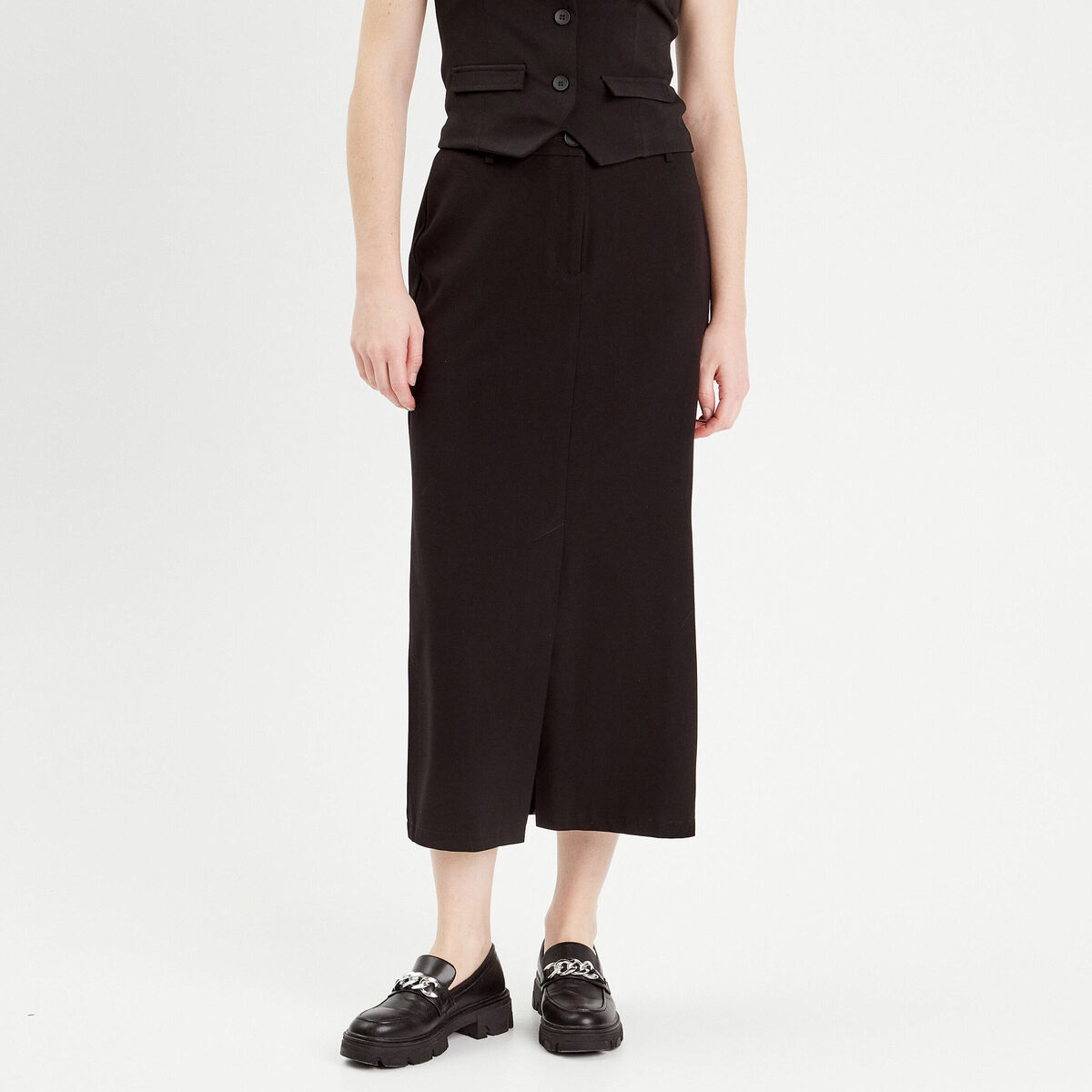 Jupe longue droite fendue noir femme