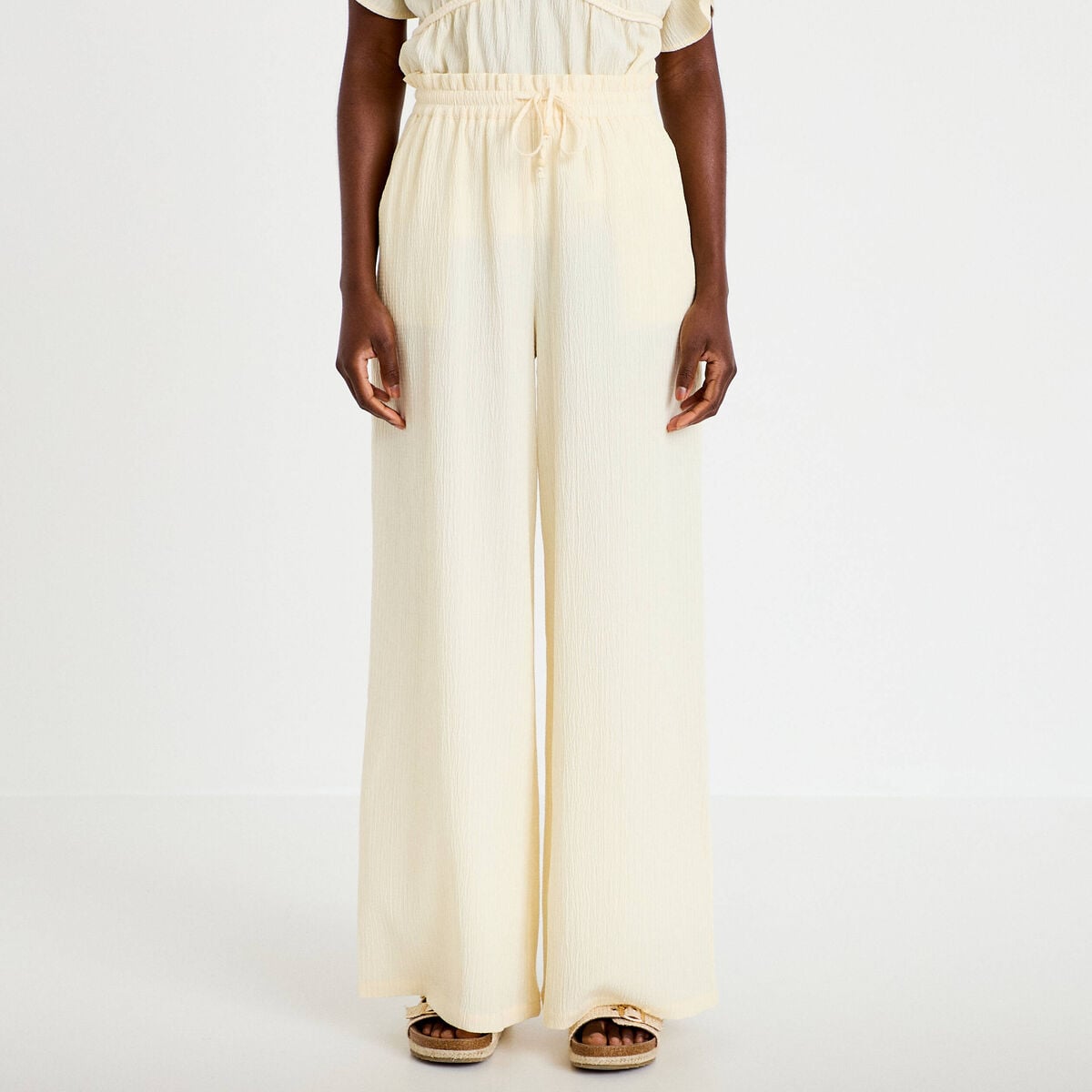 Pantalon large fluide taille haute ecru femme