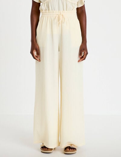 Pantalon large fluide taille haute ecru femme