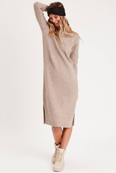 Robe longue droite côtelée taupe femme