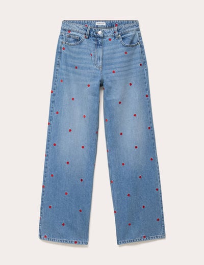 Jean wide leg taille haute brod&eacute; denim double stone femme