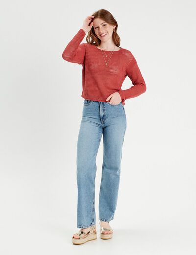 Pull crochet manches longues vieux rose femme