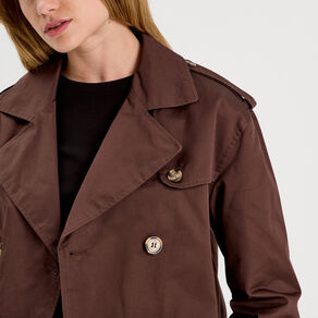 Trench court boutonné marron foncé femme