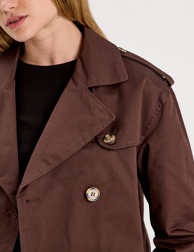 Trench court boutonné marron foncé femme