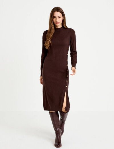 Robe pull ajust&eacute;e manches longues marron fonc&eacute; femme