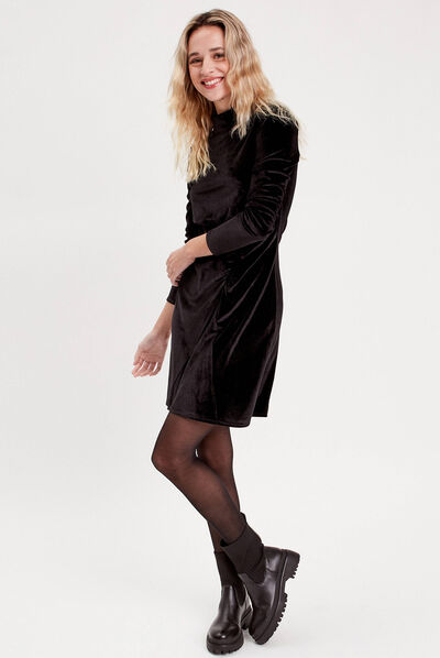 Robe moulante velours fronces noir femme