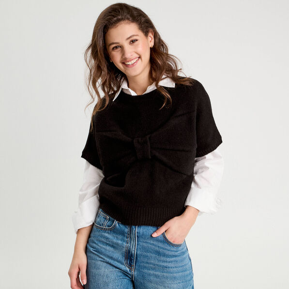 pull dos devant detail noeud noir femme Pull dos devant détail noeud noir femme
