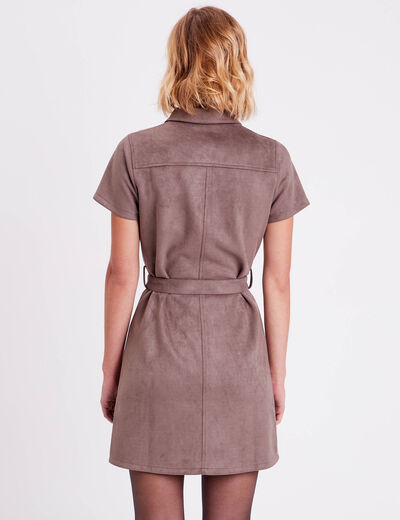 Robe droite ceinturée suédine taupe femme