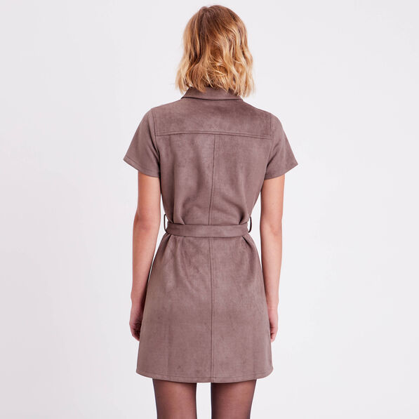 Robe droite ceinturée suédine taupe femme