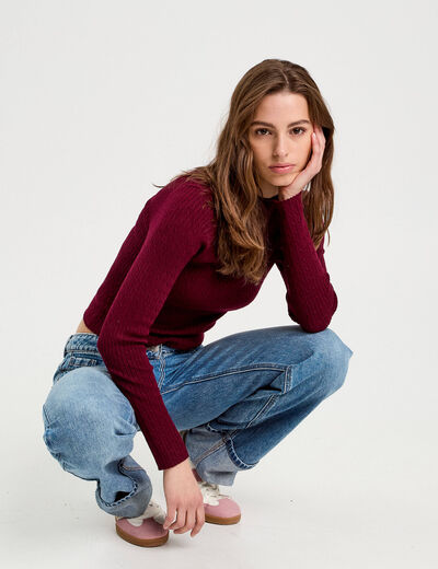 Pull col montant torsades bordeaux femme
